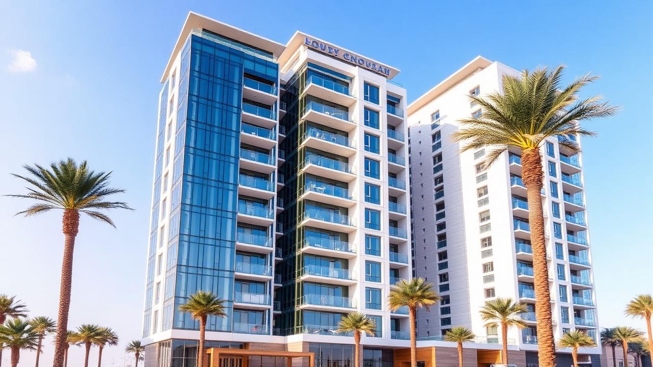 Jebel Sifah resort with modern apartments and palm trees by the sea