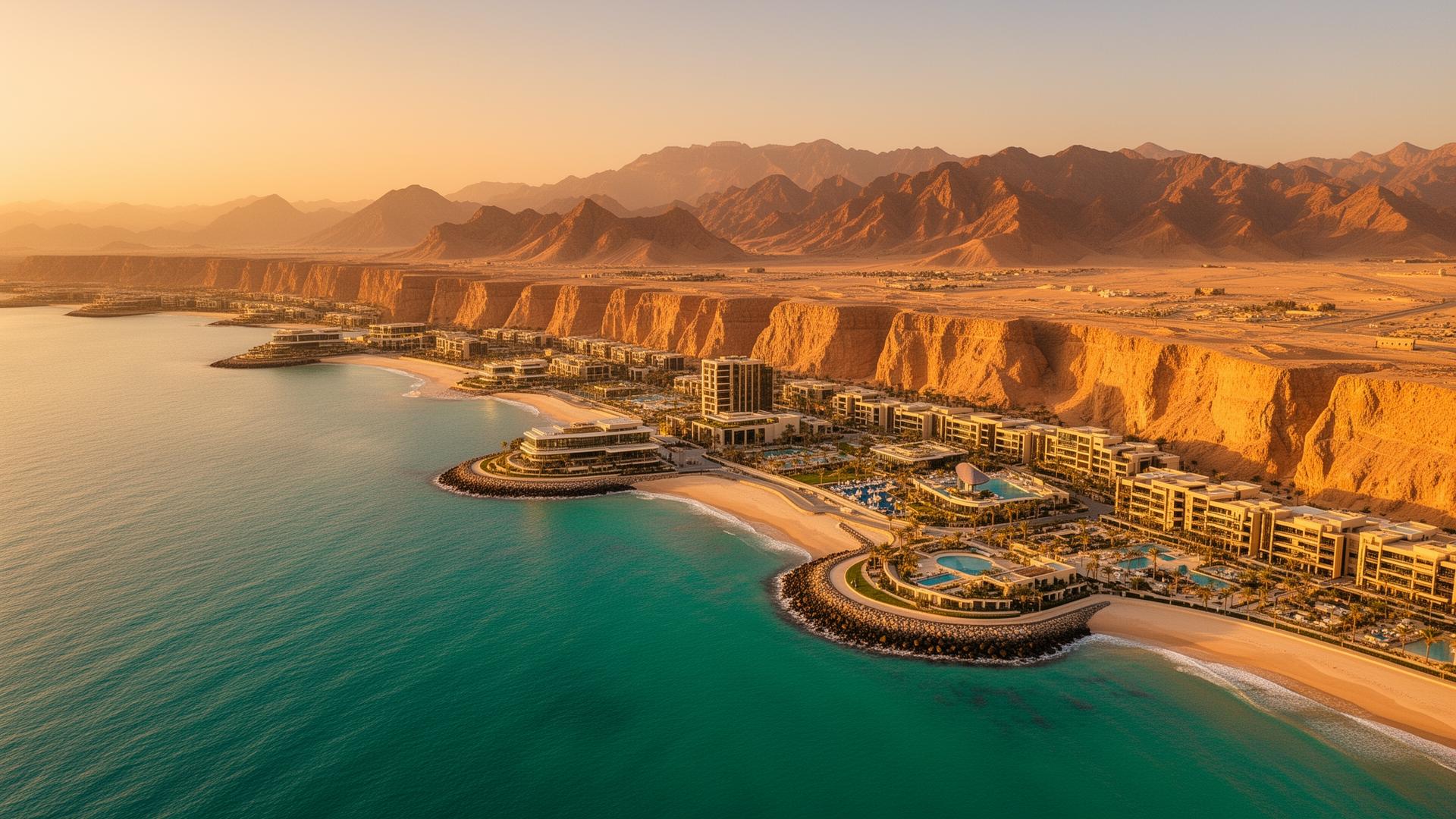 Aerial view of Muscat coastline at sunset with mountains, turquoise sea and modern resort architecture
